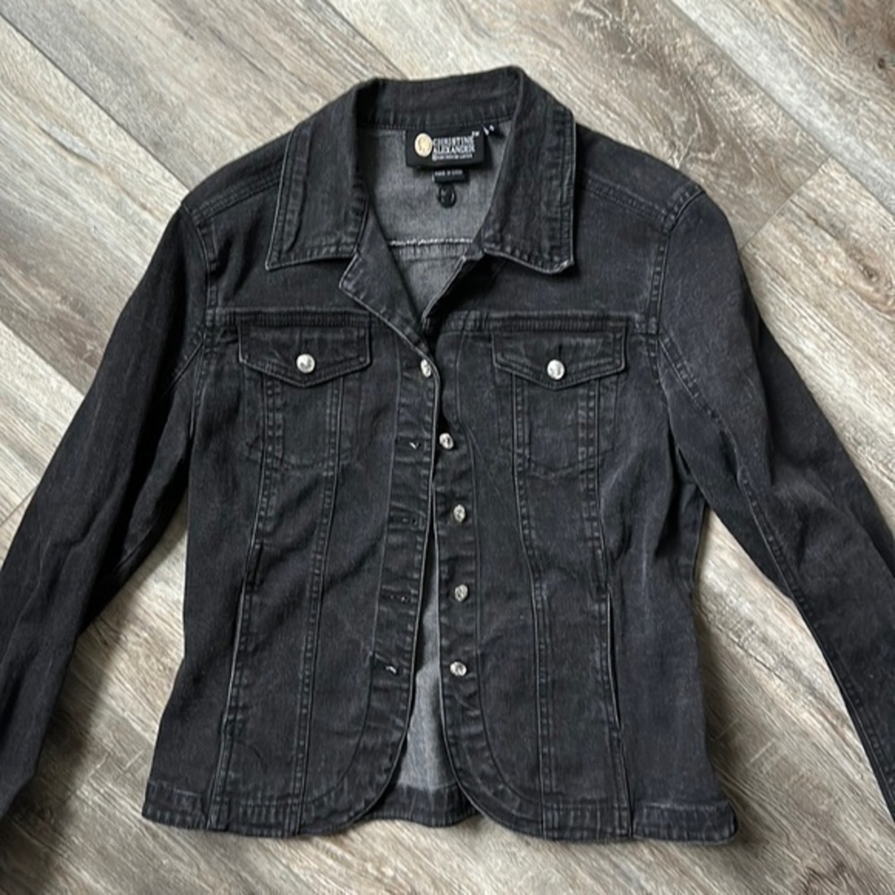 Christine Alexander jacket black washed denim size small with rhinestone buttons